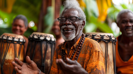 group of musicians playing traditional african drums together