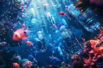 Floating plastic bottles and microplastics in the open ocean. Illustration of marine plastic pollution.