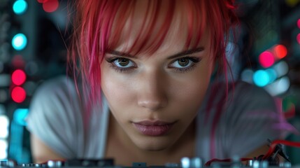 Sticker - close up portrait of woman with vibrant pink hair