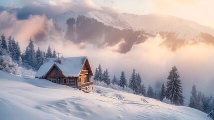 Wall Mural - An awesome winter landscape with a wooden house in a snowy mountain range, a foggy sunset sky, and a tall mountain peak. Ideal for holiday concepts such as Christmas and winter vacations.