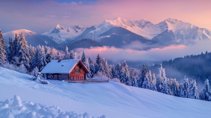 Wall Mural - Christmas and winter vacations holiday concept with stunning winter landscape of wooden house and snowy mountains. High mountain peaks in a foggy sunset sky.