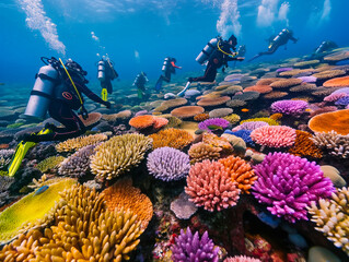Wall Mural - A group of divers are swimming in a coral reef. The reef is full of colorful coral and fish