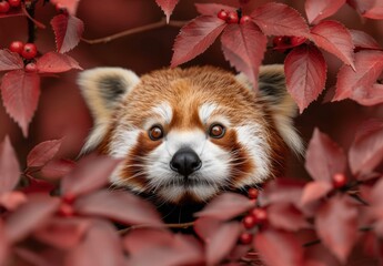 Wall Mural - Adorable red panda in autumn foliage