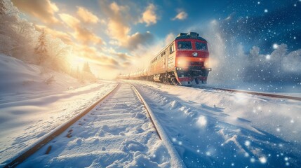 train traveling through a snowy landscape at sunrise with snowflakes in the air.