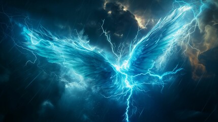 Canvas Print - Blue ethereal wings with lightning bolts in a stormy sky.