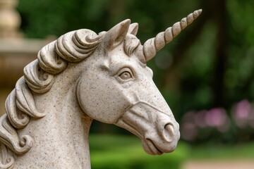 Poster - Ornate stone unicorn statue in garden