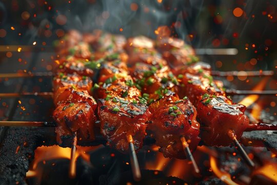 the essence of a food festival through a detailed close-up of a succulent barbecue skewer, capturing