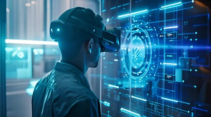 person and technology using vrtechno glass futuristic digital businesman development program motion graphic video