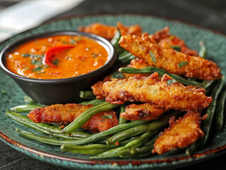 Wall Mural - A plate of fried chicken and green beans with a red sauce
