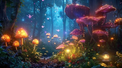 Canvas Print - Mystical forest with glowing mushrooms and colorful fairies flying around