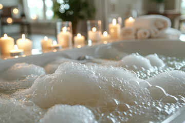 Sticker - A hot bath filled with bubbles and surrounded by candles. Concept of self-care and relaxation. Generative Ai.