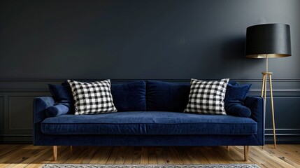 Dark blue settee with checkered pillow and trendy lamp in stylish tidy living room with empty wall space