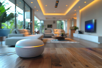 Poster - A smart home hub controlling various devices with voice commands. Concept of home automation technology. Generative Ai.