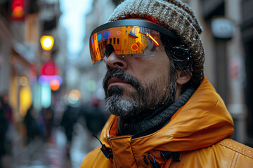 Poster - a person using augmented reality glasses to navigate a city. concept of augmented reality and urban 