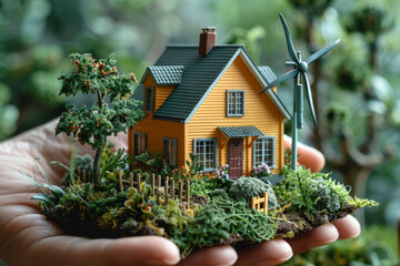 Poster - a compact wind turbine generating electricity for a home. concept of small-scale renewable energy so