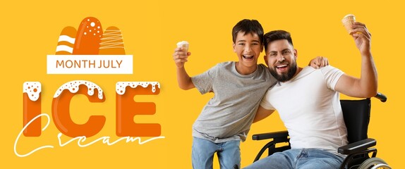 Wall Mural - Banner for ice-cream month with happy man and his little son on yellow background
