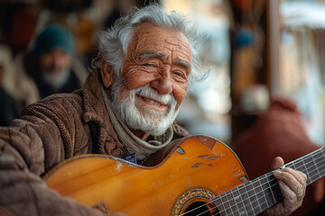 Poster - A retiree learning to play the guitar, highlighting new skills acquisition. Concept of continuous learning and personal growth. Generative Ai.