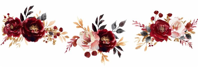 Wall Mural - Watercolor burgundy flower illustration, leaf and buds. Botanic composition for wedding, greeting cards. Branch of flowers - abstraction roses.
