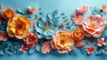 Wall Mural - The image above represents a 3d rendering, a digital illustration, a quilling craft, a handmade festive decoration, a vibrant floral background, mint pink yellow, and an abstract colorful pattern of