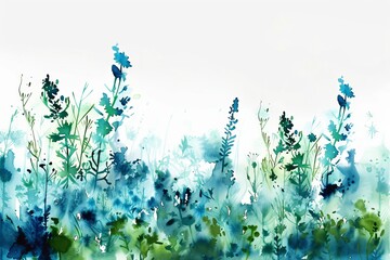 Wall Mural - Drawing of herbs and flowers on watercolor background