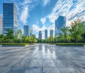 Wall Mural - Modern City Park with Glass Buildings and Blue Sky