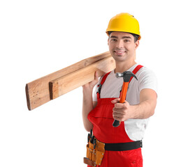 Wall Mural - young carpenter with wooden planks and hammer on white background
