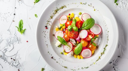 Wall Mural - Fresh vegetable salad featuring radish tomatoes and corn or Valerianella locusta White plate diet and vegetarian consumption idea