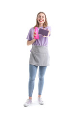 Sticker - Young woman with bottle of detergent and cleaning sponge on white background