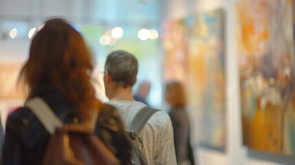 Wall Mural - Out of focus scene of visitors exploring the open studio and interacting with artists.