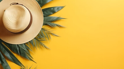 Wall Mural - summer heat with tropical leaf on yellow background