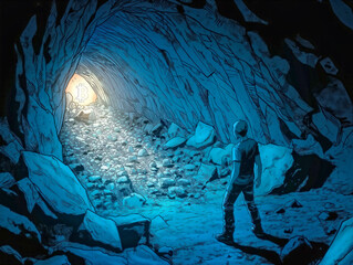 Wall Mural - A man is standing in a cave with a light shining on him. The cave is filled with rocks and the man is looking around. Scene is mysterious and adventurous