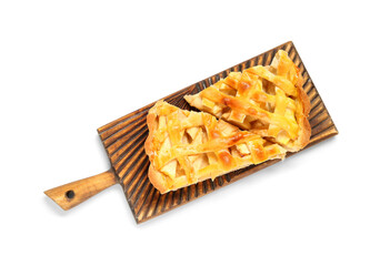Poster - Wooden board with pieces of delicious apple pie on white background