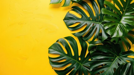 Wall Mural - Monstera leaves on a vibrant yellow background with text space Tropical plant under bright lighting in creative arrangement