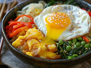 Wall Mural - A bowl of food with a fried egg and vegetables