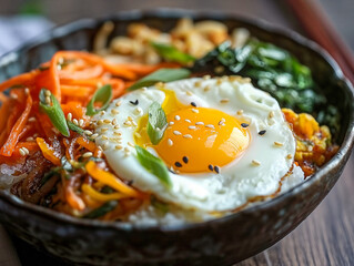 Wall Mural - A bowl of food with a fried egg on top. The bowl is filled with rice and vegetables