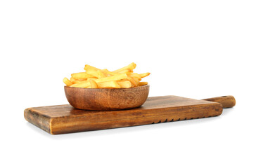 Wall Mural - Board with wooden bowl of tasty french fries isolated on white background