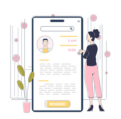Poster - Book appointment service concept. Woman chooses doctor in application and signs up for remote medical consultation. Health care. Linear vector illustration isolated on white background