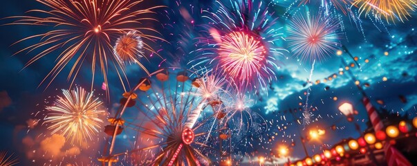 Wall Mural - Vibrant fireworks light up the night sky over a festive carnival, creating a colorful and joyful celebration scene.
