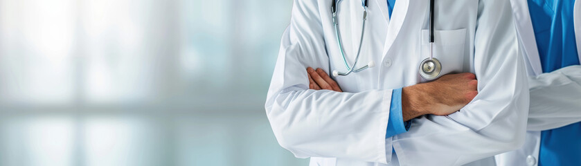 Wall Mural - A doctor is standing in a room with a white coat on