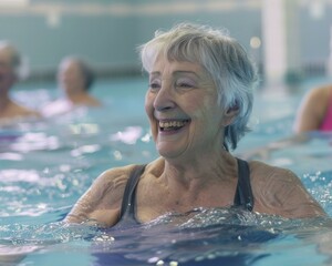 Sticker - An older woman is swimming in a pool with other people. Generative AI.