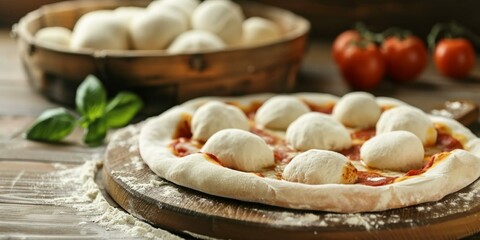 A pizza with mozzarella cheese and tomatoes on a wooden board. Generative AI.