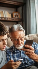 Poster - An elderly man and a boy are looking at a cell phone together. Generative AI.