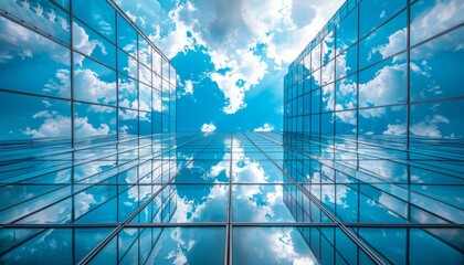 Wall Mural - Looking up at a glass skyscraper with blue sky and clouds reflected in the windows. AI.