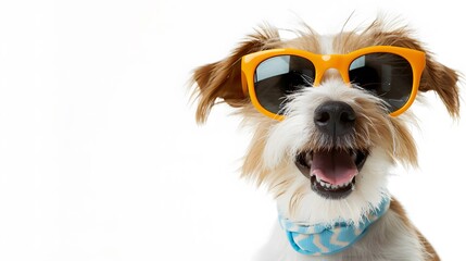 Wall Mural - Happy smile Puppy dog wear sunglasses with summer season costume isolated on white background, pets summer, lovely dog, holiday vacation.