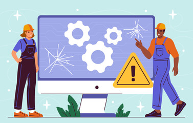 Poster - computer repair concept. men in protective uniform with hats near computer monitor. repairman with t