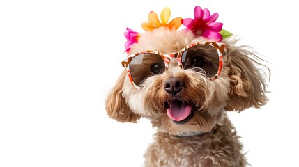 Wall Mural - Happy smile Puppy dog wear sunglasses with summer season costume isolated on white background, pets summer, lovely dog, holiday vacation.