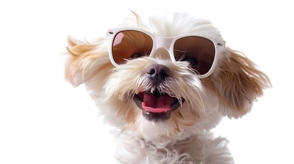 Wall Mural - Happy smile Puppy dog wear sunglasses with summer season costume isolated on white background, pets summer, lovely dog, holiday vacation.