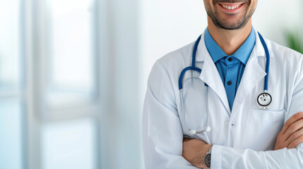 Wall Mural - A smiling doctor stands in front of a window with a stethoscope around his neck