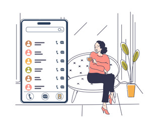 Poster - Contact phone book concept. Woman sitting with smartphone with phone numbers of people. Application for texting sms and call to friends. Linear vector illustration isolated on white background