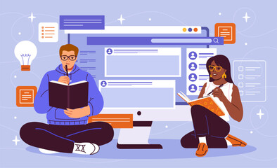Poster - content managers team. man and woman sits near website with pages. cretive people with ideas of cone